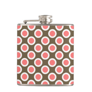 Retro circled dots, taupe and coral pink hip flask