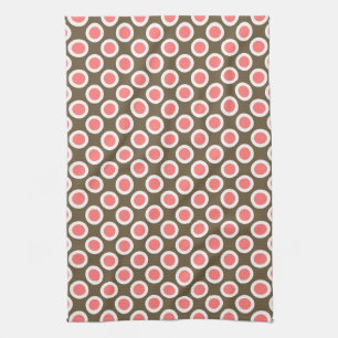 Retro circled dots, taupe and coral pink tea towel