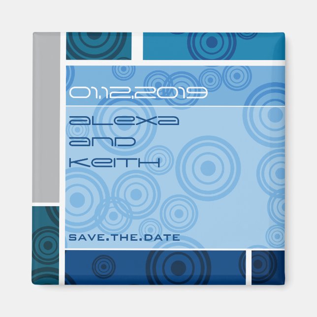 Retro Circles Blocks Blue Save The Date Magnet (Front)