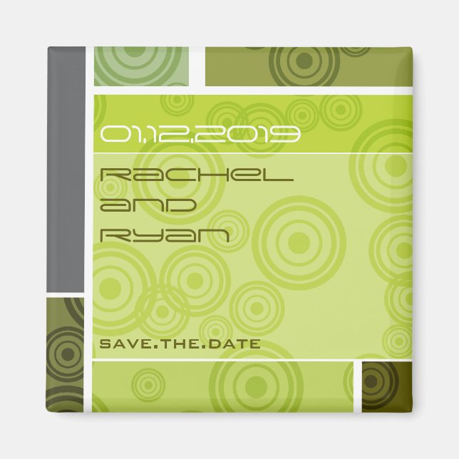Retro Circles Blocks Green Save The Date Magnet (Front)