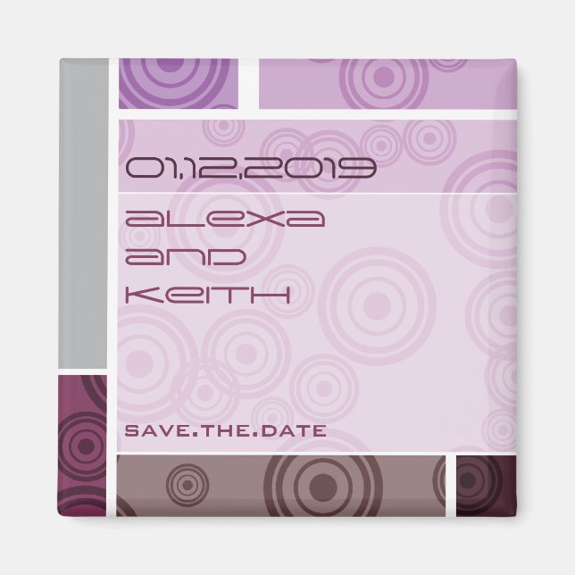 Retro Circles Blocks Purple Save The Date Magnet (Front)