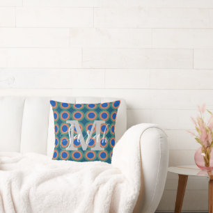 Retro Circles Geometric Monogram Name Peacock Cushion