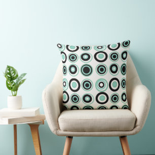 Retro Circles Jade Black On White Cushion