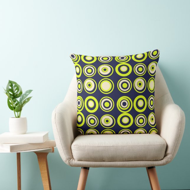 Retro Circles Lime Green Ecru On Navy Cushion (Chair)