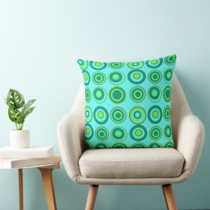 Retro Circles Olive Green On Turquoise Cushion