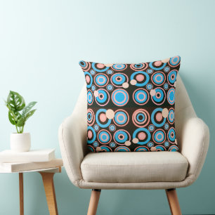 Retro Circles Party Coral Turquoise Black Cushion