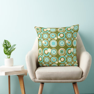 Retro Circles Party Dusty Olive Turquoise Cream  Cushion