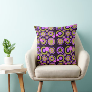 Retro Circles Party Purple Olive Black Cushion
