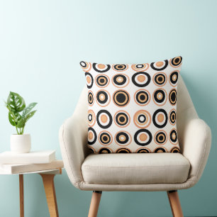 Retro Circles Pastel Orange Black On White Cushion