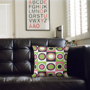 Retro Circles Pattern Pink Green Black White Cushion