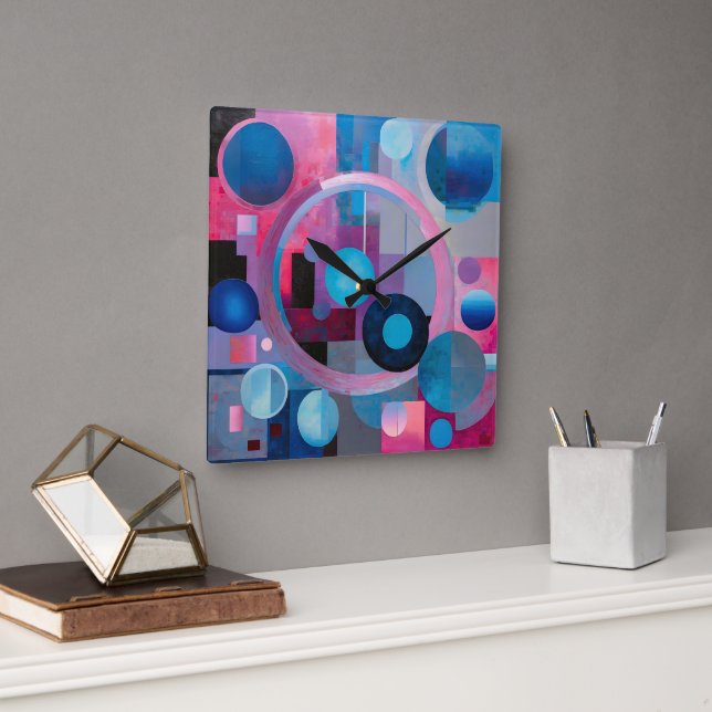 Retro Circles & Squares in Soft Tones Pink & Blue Square Wall Clock (Office)