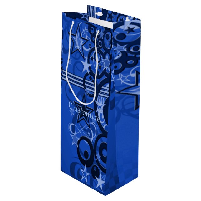 Retro Circles & Stars Blue Wine Gift Bag (Front Angled)