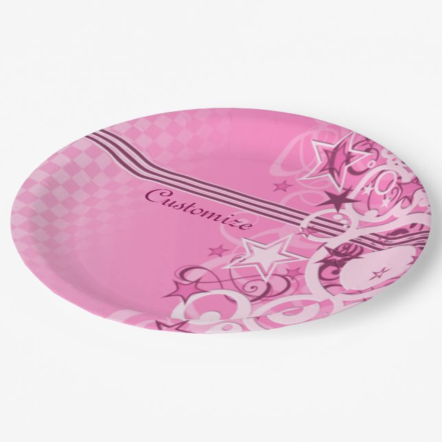 Retro Circles & Stars Pink Paper Plates (Angled)