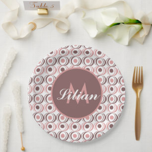 Retro Circular Earthy Tone Pink Monogrammed     Paper Plate