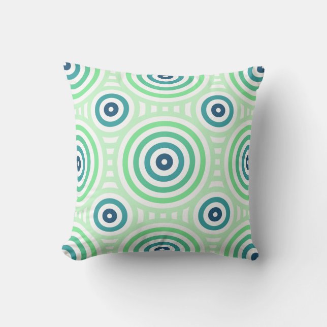 Retro Circular Geometric Pattern in Green & Blue Cushion (Front)