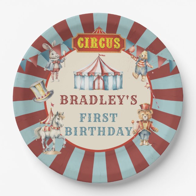 Retro Circus Carnival Animals Birthday Party Paper Plate (Front)