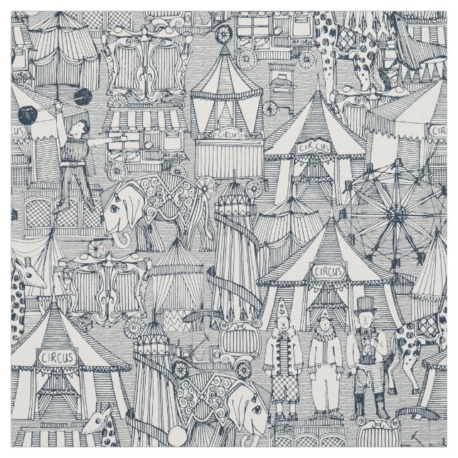 retro circus indigo ivory fabric (Swatch)