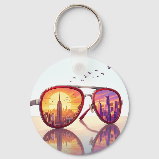 Retro City Skyline Sunglasses Design Key Ring (Front)
