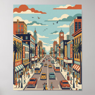 Retro City Street Illustration Poster