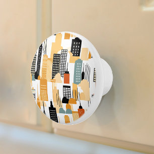 Retro Cityscape Black White Orange Ceramic Knob