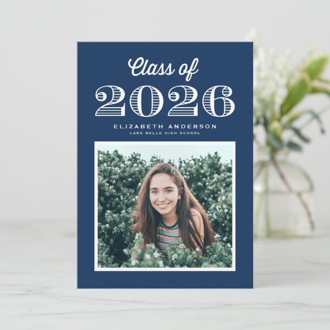 Retro Class of 2024 Navy Blue Photo Graduation Invitation (Standing Front)