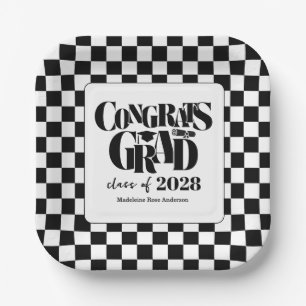 Retro Class of Congrats Graduation Black  Paper Plate