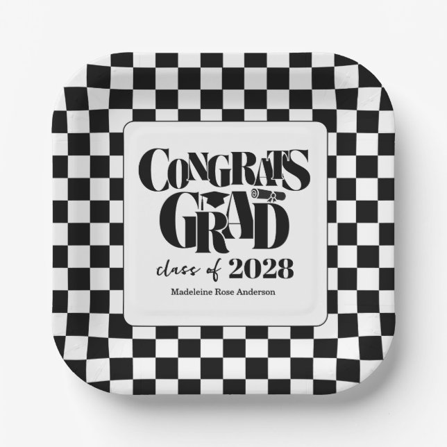 Retro Class of Congrats Graduation Black  Paper Plate (Front)