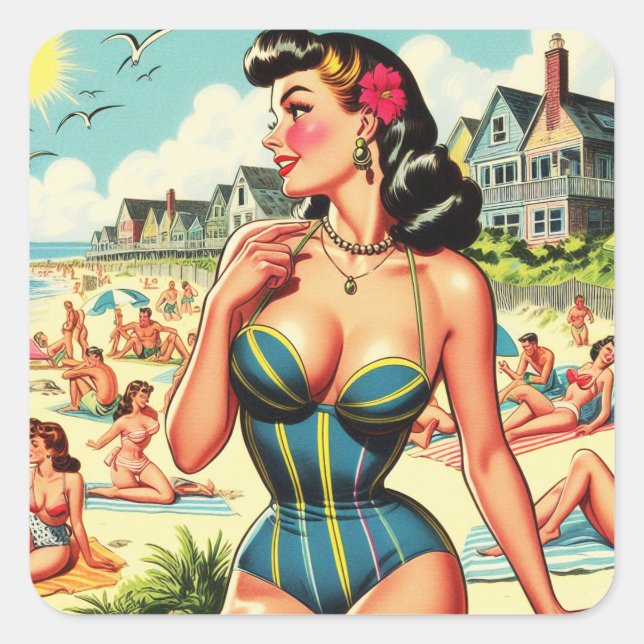 Retro Classic Beach Pin Up Square Sticker (Front)