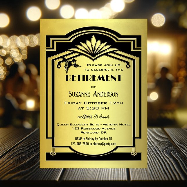 Retro Classic Black Gold Art Deco Retirement Party Invitation (Retirement party invitation featuring a classic retro black and gold design in art deco style)