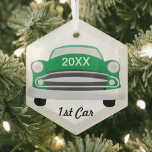 Retro Classic Car 1st Car Keepsake Glass Tree Decoration