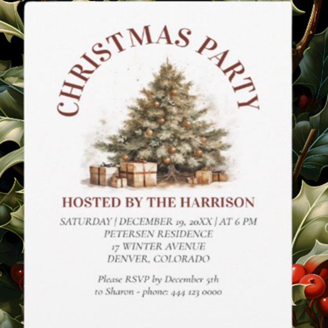 Retro Classic Cute Gold Christmas Tree  Invitation (Personalized Christmas Cards)