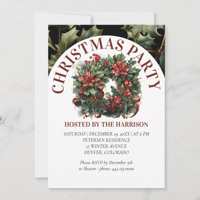 Retro Classic Cute Watercolor Christmas Wreath Invitation (Front)