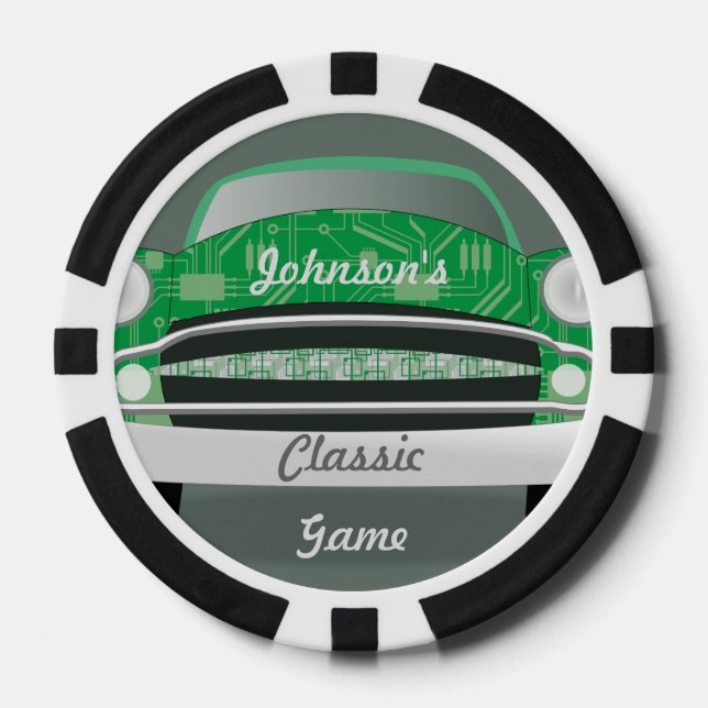 Retro Classic Green Personalised Car Poker Chips (Front)