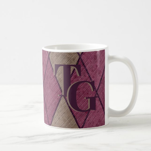 Retro Classic Purple Diamond Argyle Monogram Coffee Mug (Right)