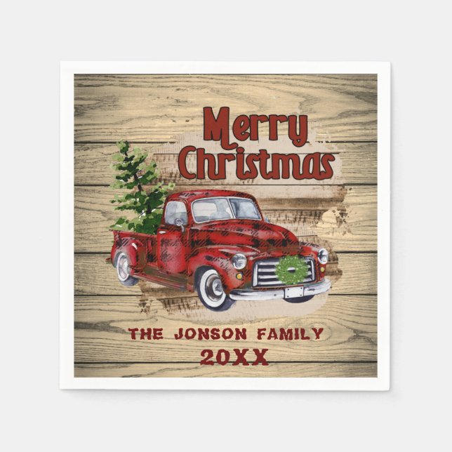 Retro Classic Rustic  Christmas Red Truck Holiday Napkin (Front)
