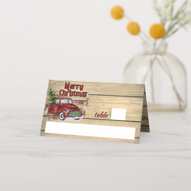 Retro Classic Rustic Merry Christmas Red Truck Place Card (Front)