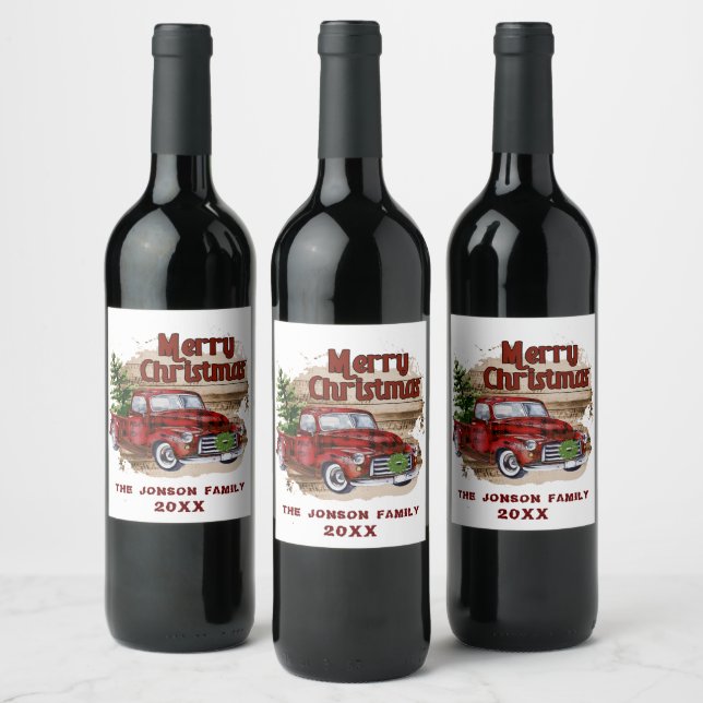Retro Classic Rustic Merry Christmas Red Truck Wine Label (Bottles)