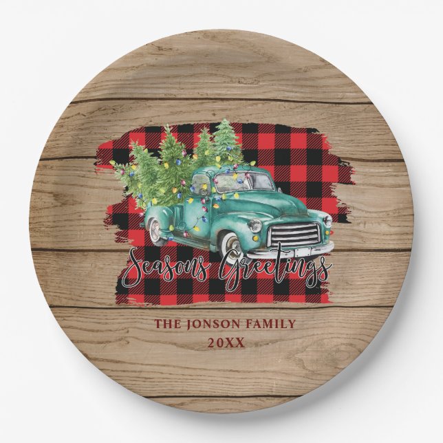 Retro Classic Rustic Wood Merry Christmas Truck Paper Plate (Front)