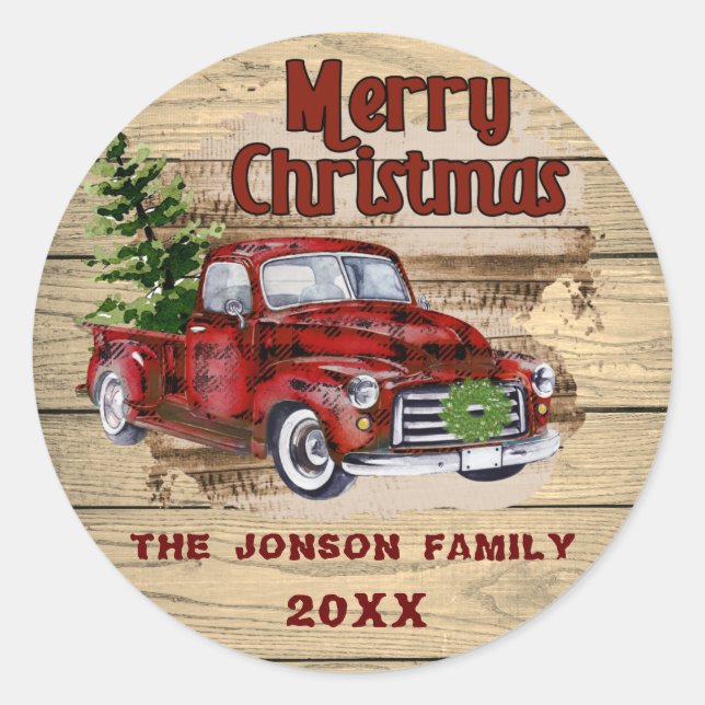 Retro Classic Rustic Wood Merry Christmas Truck Round Sticker (Front)