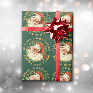 Retro Classic Santa and Wreath Gold Wrapping Paper