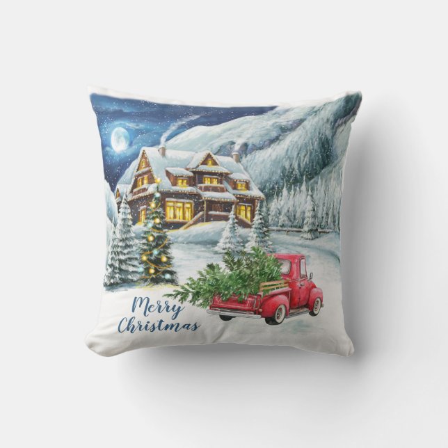 Retro Classic Watercolor Winter Forest Landscape Cushion (Front)
