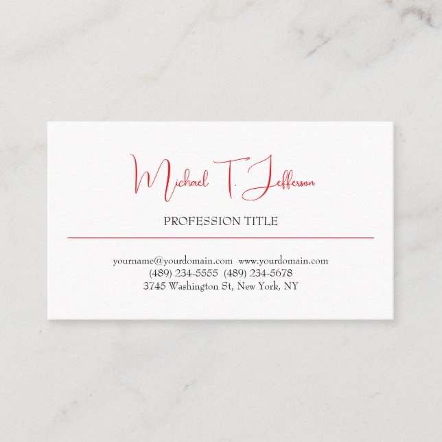 Retro Classical Elegant Plain Simple Red White Business Card (Front)