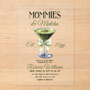 Retro Club Mommies and Matcha Bow Baby Shower Acrylic Invitations