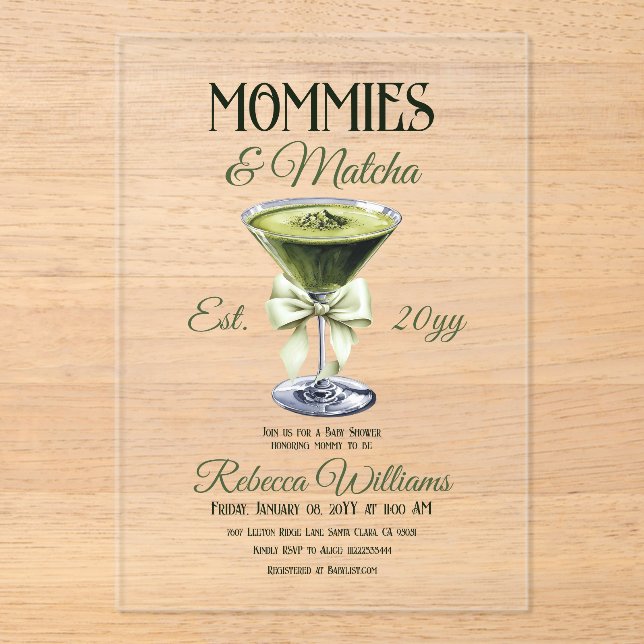 Retro Club Mommies and Matcha Bow Baby Shower Acrylic Invitations (Front)