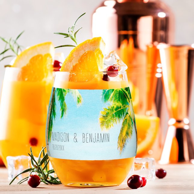 Retro Coastal Beach Palm Trees Tropical Wedding Stemless Wine Glass (Creator Uploaded)