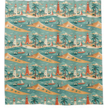 Retro Coastal Beach Shower Curtain
