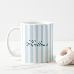 Retro Coastal Blue White Stripes Custom Name Coffee Mug