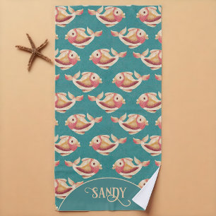 Retro Coastal Goldfish Pattern  Beach Towel