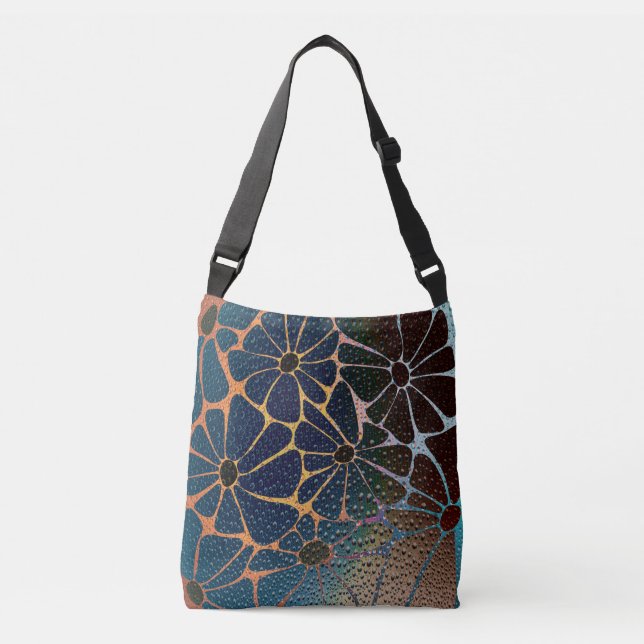 Retro Cobalt-Teal Rainy Flowers Crossbody Bag (Front)