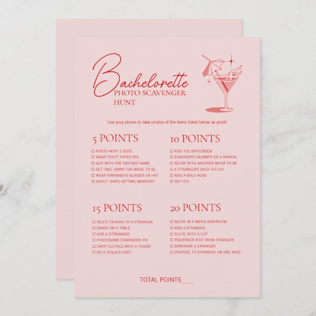 Retro Cocktail Bachelorette Game Scavenger Hunt Invitation (Front/Back)